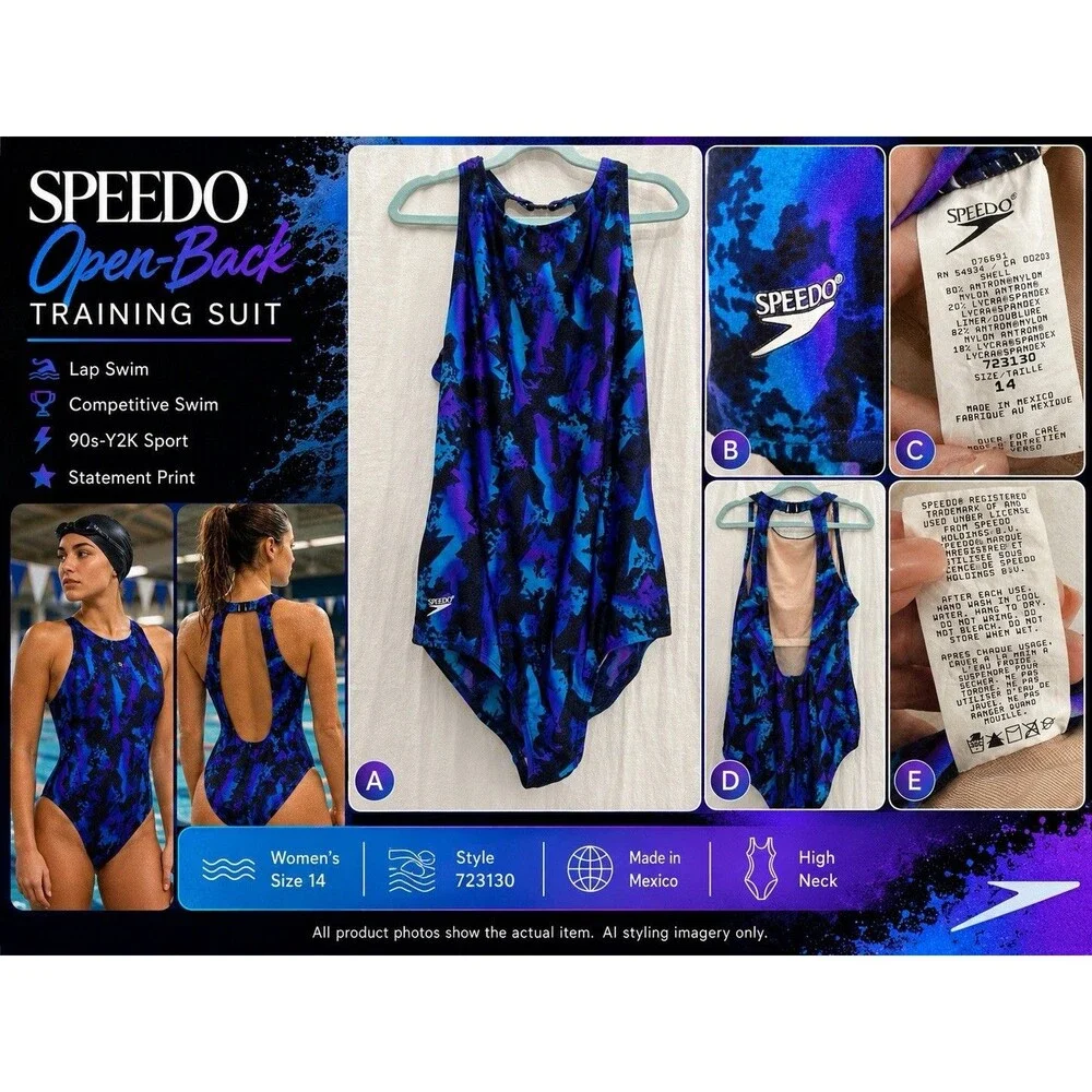 Speedo Size 14 Blue Purple Open Back One Piece Swimsuit 90s Y2K Training